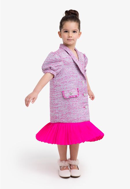 Multicolor Puff Sleeves Pleated Dress