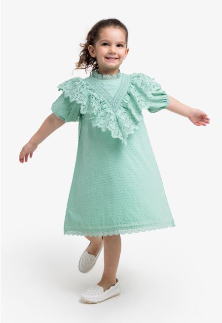 Dobby Textured Dress with Lace Details