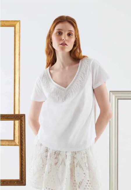 Roman Fringed Detailed T-Shirt White
