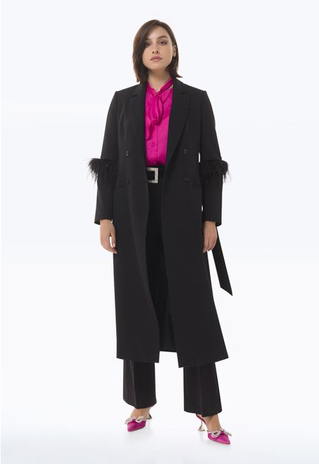 Feather Sleeve Long Solid Coat -Sale