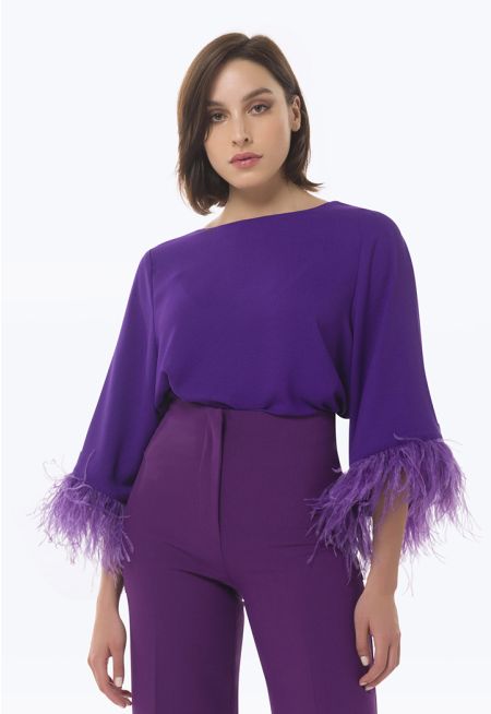 Solid Blouse With Feather Details -Sale