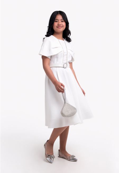 Cape Short Sleeves Pearl Belted Dress