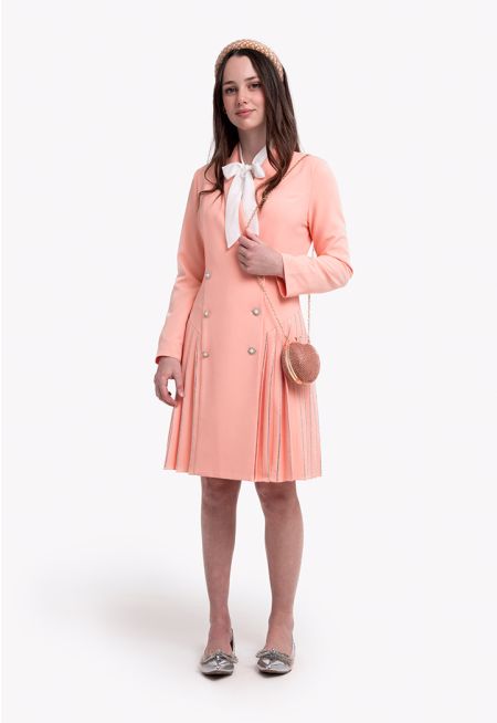 Pleated Shawl Collar Double Breasted Blazer dress