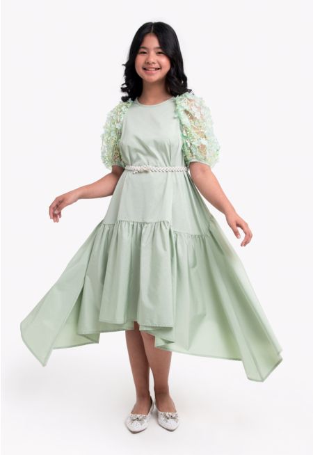 Embellished Sleeves Drop Waist Dress