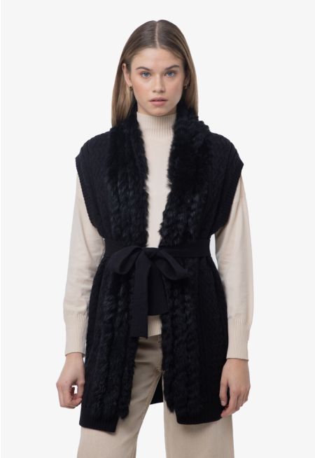 Textured Knitted Fur Details Open Vest With Self Tie Band -Sale