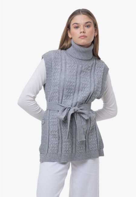 Braided Knit Sleeveless Turtle Neckline Winter Vest 
