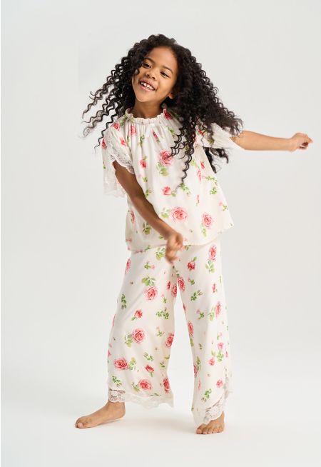 Floral Print Lace Pajama Set (2 PCS)