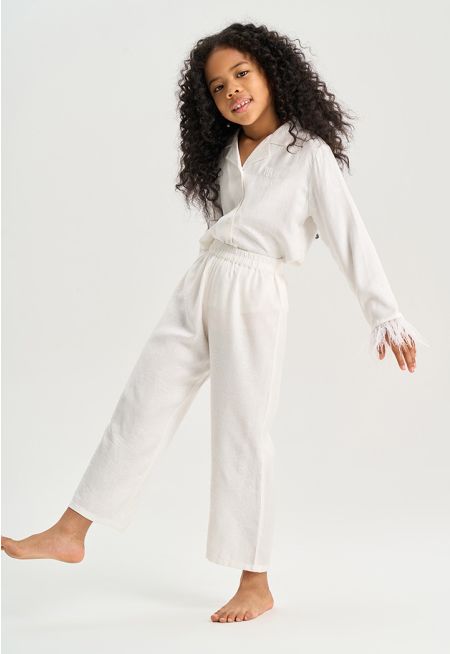 Solid Feather Hem Notch Lapel Collared Pajama Set (2 PCS)