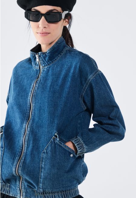 Zip Up Elastic Hem Denim Jacket