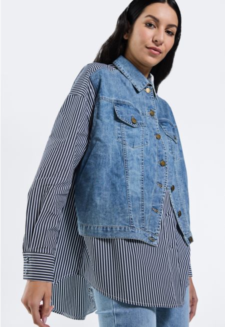 Striped Shirt With Attached Denim Vest