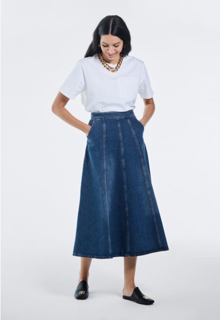 Solid Flared Denim Skirt