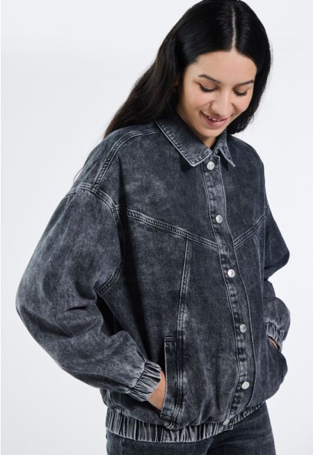 Drop Shoulder Elastic Hem Denim Jacket