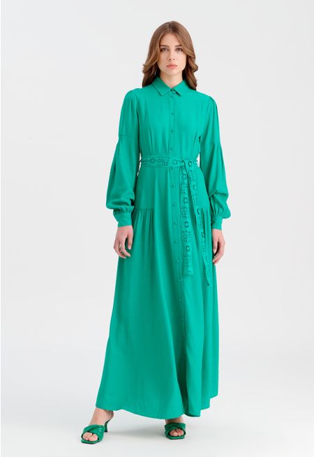 Textured Maxi Shirt Dress With Lace Belt -Sale