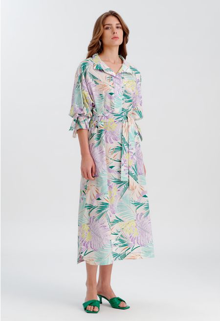 All Over Tropical Printed Dress With Belt -Sale