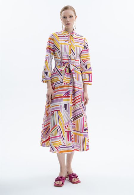 Abstract Stripe Printed Dress With Belt -Sale