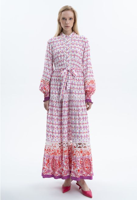 All Over Printed Dress With Belt -Sale