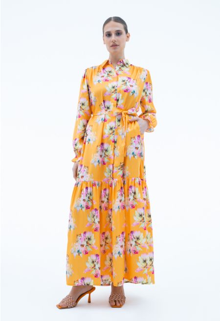 Printed Maxi Dress With Self Fabric Belt -Sale