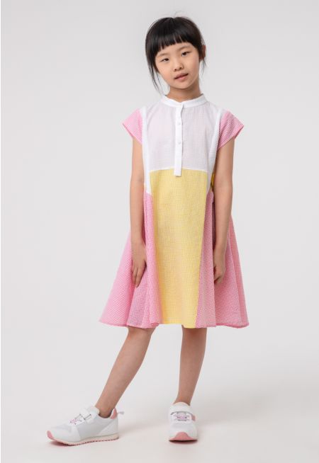 Seersucker Color Blocking Flared Midi Dress -Sale