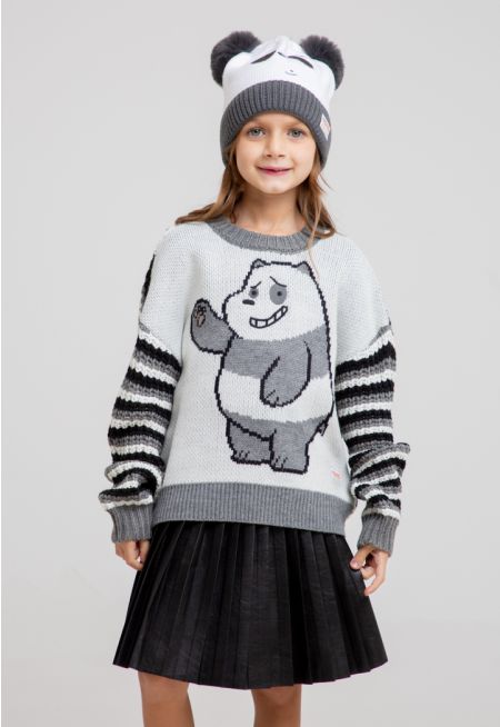 We Bare Bears Print Knitted Ribbed Contrast Sleeves Jumper -Sale