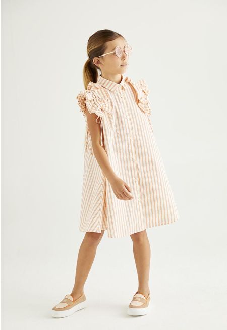 Striped Drawstring Shoulders Dress