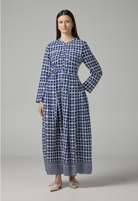 Geometrical Print Pleated Belted Shirt Dress