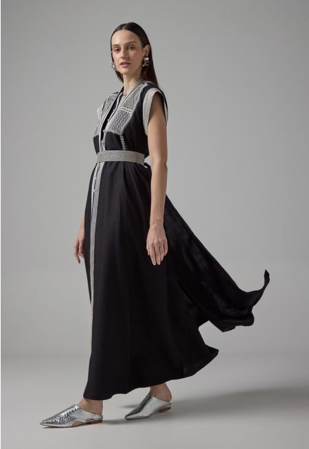Embroidered Contrast Belted Abaya - Ramadan Style