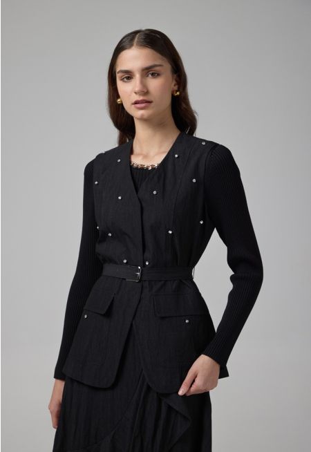 Solid Crystal Embellished Belted Gilet