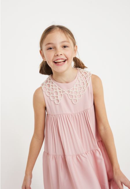 Solid Tiered Dress with Detachable Collar Necklace