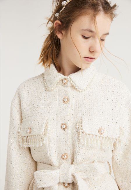 Faux Pearls Embellished Tweed Jacket