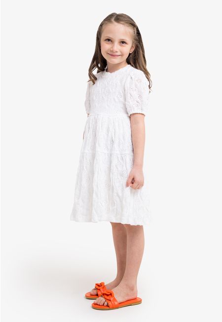 Solid Schiffli Short Sleeved Dress
