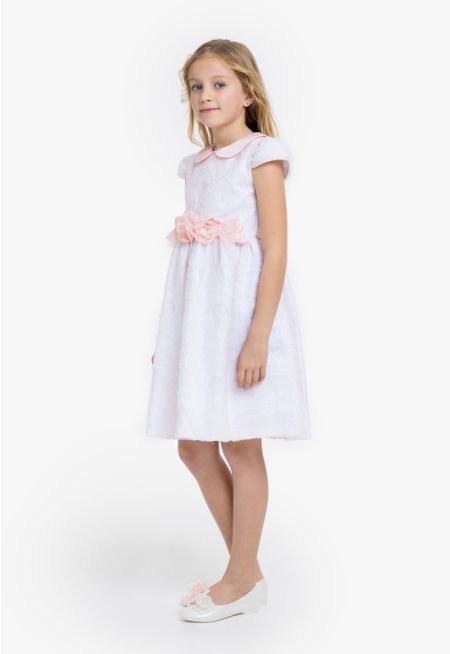 Floral Belted Puff Sequin Dress