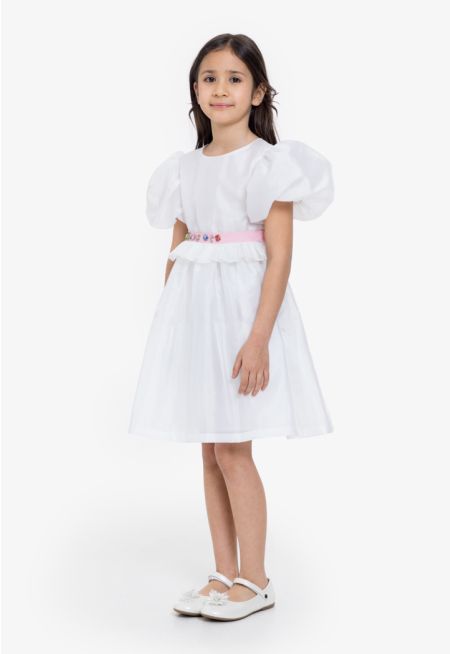 Metallic Rhinestones Belted Dress