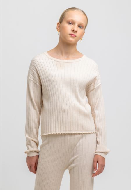 Knitted Ribbed Pattern Crew Long Sleeves Top -Sale