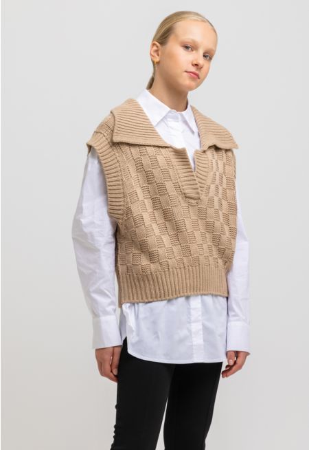 Knitted Collared Solid Sleeveless Gilet -Sale