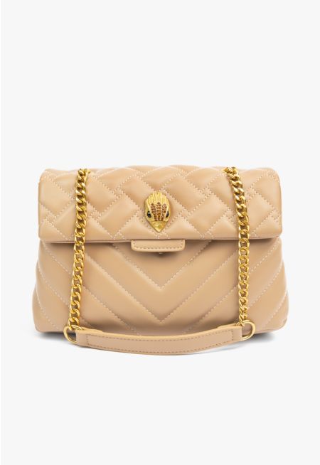 Quilted Embellished Emblem Hand Bag 
