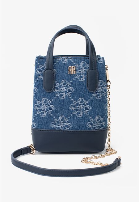 Denim Jacquard PU Leather Handle Sling Bag