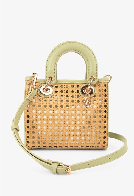 PU Leather Faux Straw Handbag