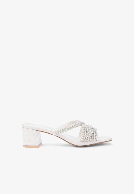 Square Toe Crystal Embellished Straps Heeled Sandals