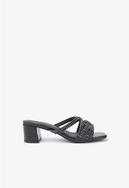 Square Toe Crystal Embellished Straps Heeled Sandals