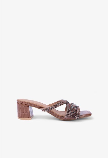 Square Toe Crystal Embellished Straps Heeled Sandals