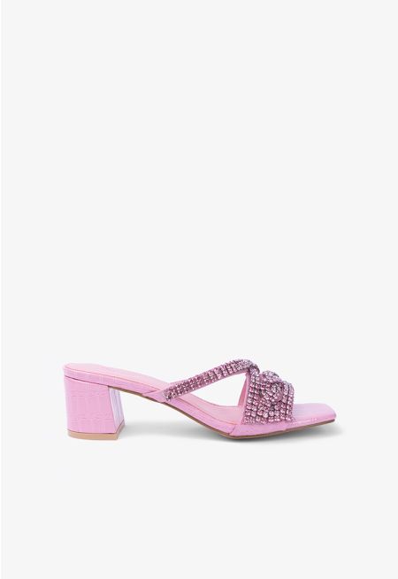 Square Toe Crystal Embellished Straps Heeled Sandals