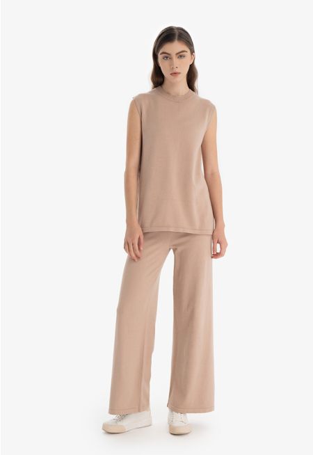 Solid Folded Hem Wide Leg Trouser