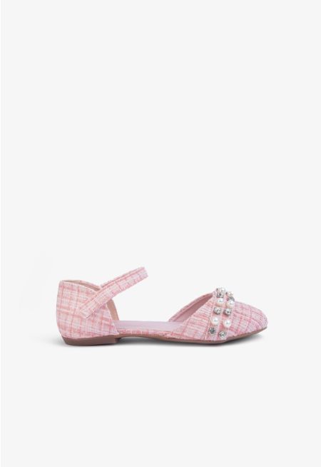 Tweed Embellished Flat Strap Shoes