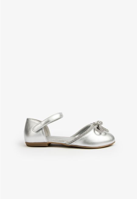 Crystal Embellished Bow Flat Strap Shoes