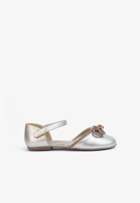 Crystal Embellished Bow Flat Strap Shoes
