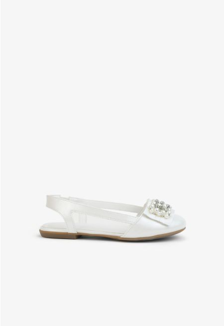 Faux Pearls Embellished Backless Flat Strap Shoes