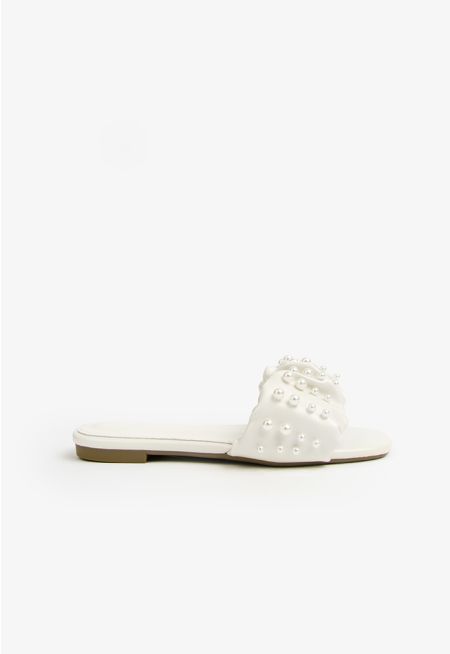 Faux Pearls Embellished Flat Slides