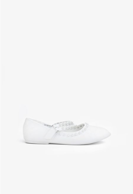 Quilted PU Leather Faux Pearls Strap Flats