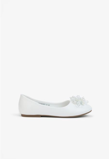 Faux Pearls Embellished Mesh Ballerina Flats