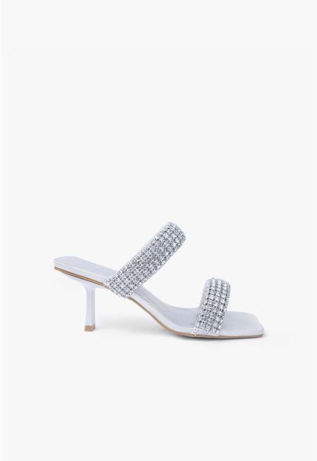 Double Wide Crystal Strap Heeled Sandals